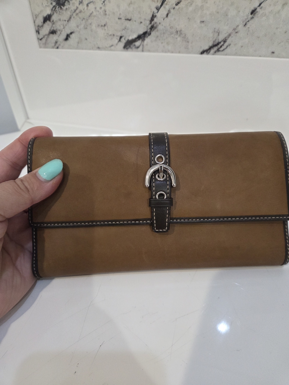 Coach Tan Leather Wallet with Dark Contrast Strap and Silver Buckle